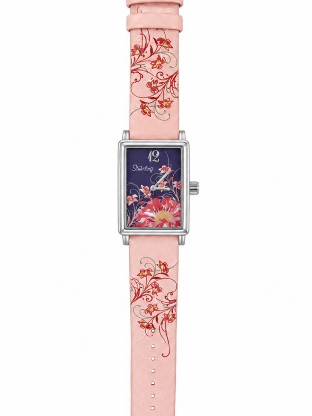 Stuhrling Original Pink Floral Leather Strap Watch with Navy Floral Dial